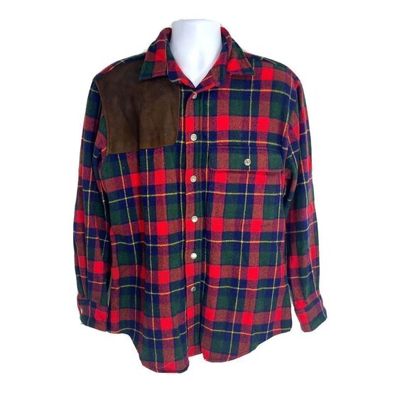 Vintage Chaps Ralph Lauren Mens Large Plaid Wool Shirt Elbow Patches Leather - Picture 15 of 15